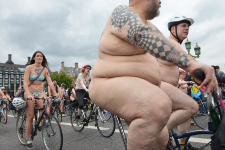 The World Naked Bike Ride is a protest against car culture and oil dependency World Naked Bike Ride, London, Britain - 13 Jun 2015  (Rex Features via AP Images)