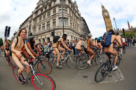 Participants in the World Naked Bike Ride where nude cyclists protest against oil dependency World Naked Bike Ride, London, Britain - 13 Jun 2015  (Rex Features via AP Images)