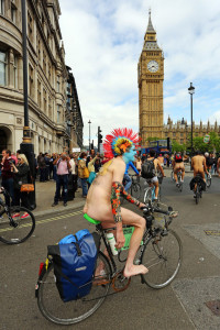 Participants in the World Naked Bike Ride where nude cyclists protest against oil dependency World Naked Bike Ride, London, Britain - 13 Jun 2015  (Rex Features via AP Images)