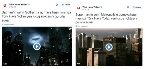 Türk Hava Yolları’ndan Batman V Superman filmine özel reklam
