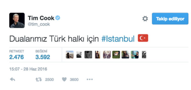 Tim Cook, Atatürk Havalimanı Saldırısı Sonrası Destek Tweet’i attı